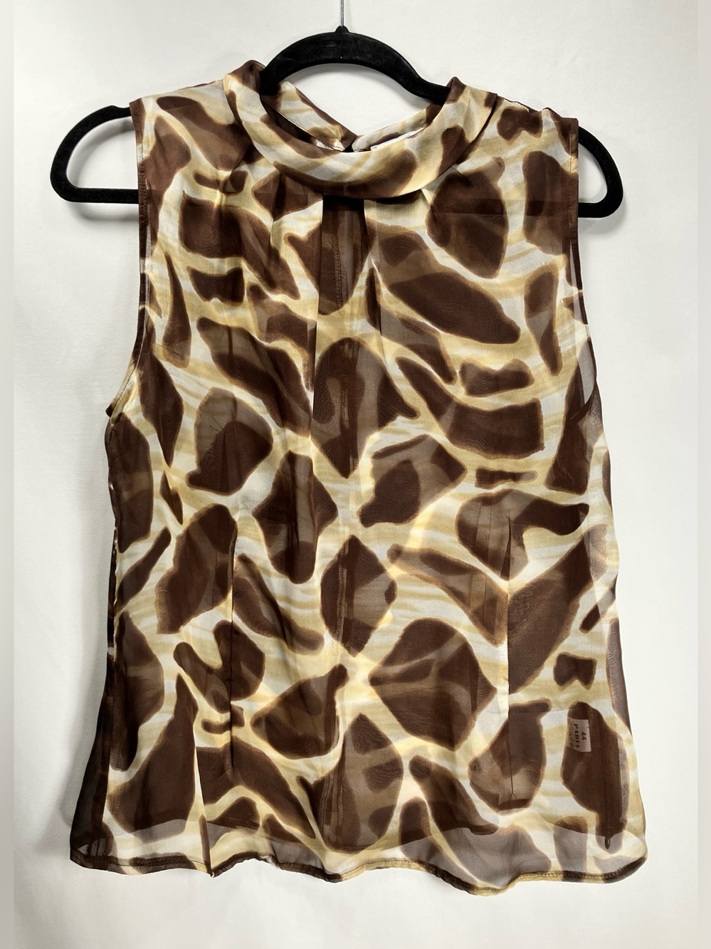 Sleeveless Animal-Print Mock Neck Blouse in Brown and Cream